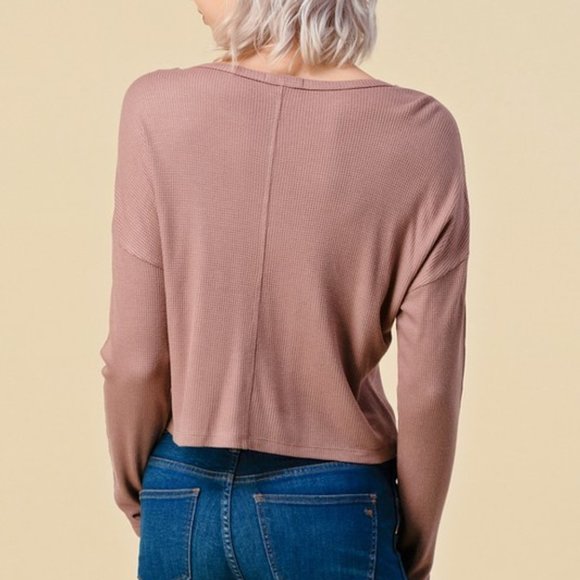 Button Down Long Sleeve Waffle Thermal Henley Crop shirt casual Top - Picture 3 of 3